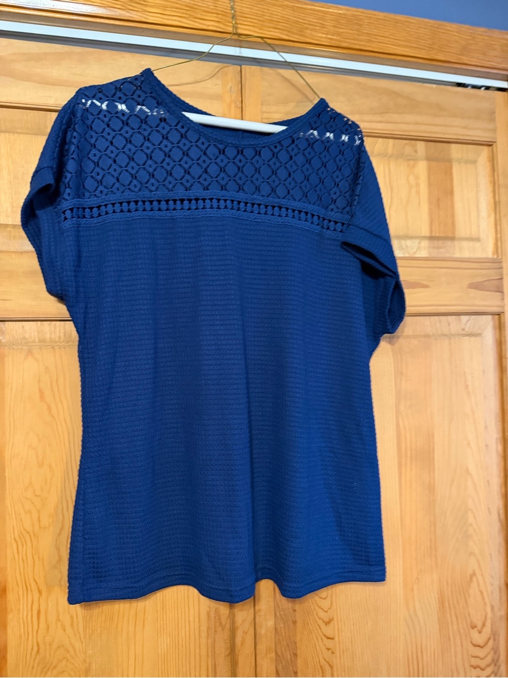 Crochet Yoke Short Sleeve Top - Navy